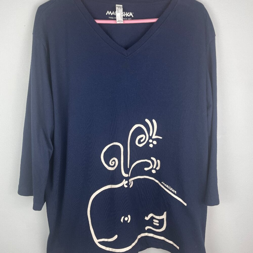 Marushka 1/4 sleeve 100% Cotton Navy Blue Women's 2XL Happy the Whale